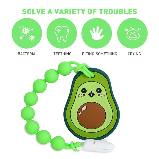 Baby Teething Toys,Food Grade Silicone Teether with One-piece Pacifier Clip Holder,Baby Gift,Highly Effective Pain Relief for 3 Months+ Boy and Girl,BPA Free,Freezer Safe. (Avocado)