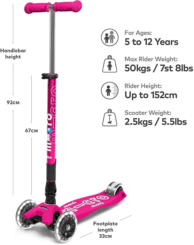 Micro Kickboard | Maxi Foldable LED Kids Scooter for Ages 5-12 | Children up to 110 lbs | 3 Wheel Lean-to-Steer Design | Adjustable T Bar | Smooth Ride, Motion Activated PU LED Wheels | Swiss Design
