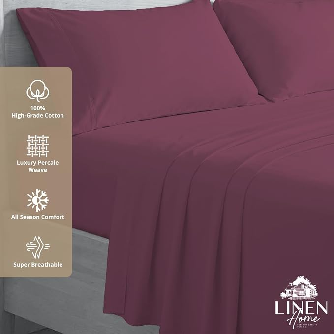 Linen Home 100% Cotton Percale Sheets California King Size, Damson Berry, Deep Pocket, 4 Pieces Set- 1 Flat, 1 Fitted and 2 Pillowcases, Crisp Cool and Long Staple Strong Bed Linen
