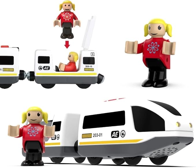 Remote Control Train for Wooden Track – White Bullet Locomotive with Opening Carriage & Action Figure, Lights & Sounds, Touch & Remote Control, Compatible with Thomas & Brio, Gift for Kids 3+
