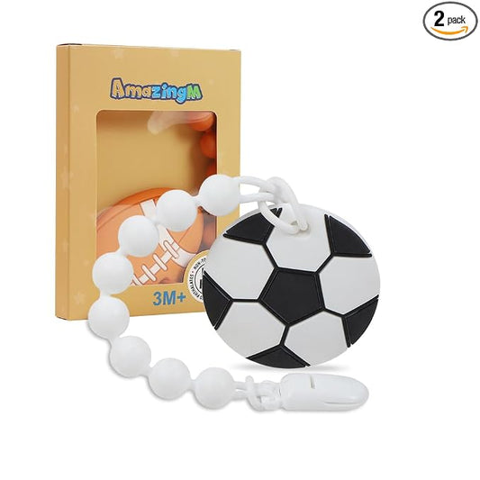 Baby Food Grade Silicone Sport Ball Teether Toy with Pacifier Clip Holder,Teething Toys Gift Set for 3 Months+ Boys and Girls,Freezer Safe,BPA Free. (Soccer)