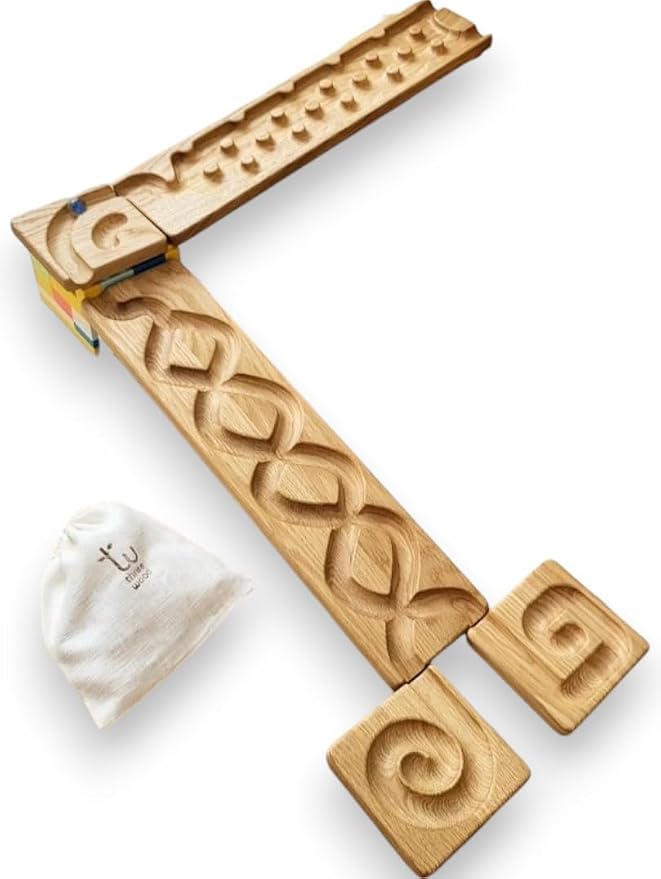 Wooden Marble Run Track Set of 2 Wind+Rocks Race Machine Set Wooden Maze Board Ball Run Montessori STEM Toy Gift for Kids Wave Course Winding Roller Track Game (Rocks+Whirlpol)