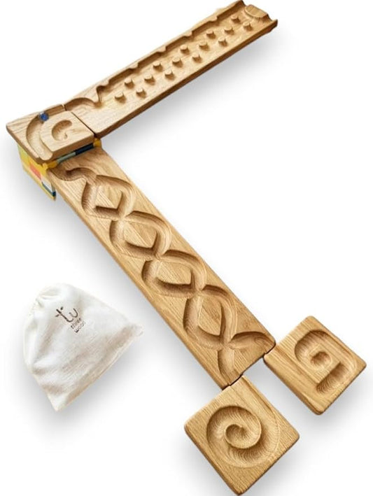 Wooden Marble Run Track Set of 2 Wind+Rocks Race Machine Set Wooden Maze Board Ball Run Montessori STEM Toy Gift for Kids Wave Course Winding Roller Track Game (Rocks+Whirlpol)