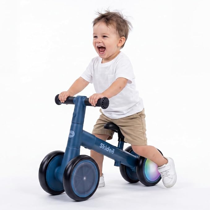 SKIDEE Toddler Balance Bike 1-3, 4-Wheel Balance Bike with Rare Light-Motion-Activated LED Wheels, Adjustable Height & Child Safe Steering, Lightweight Ride-On Toy Training Bike for Boys & Girls