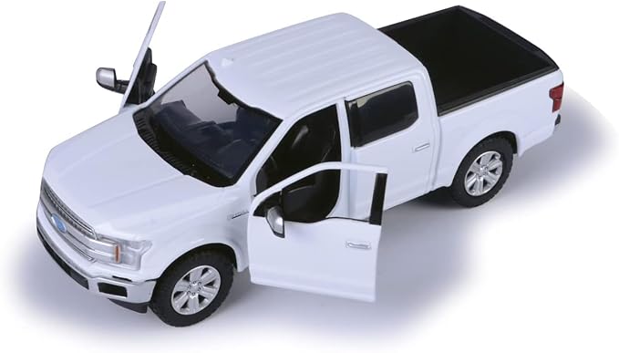 Motormax 2019 Ford F-150 Lariat Crew Cab Pickup Truck with a Car Hauler, Truck & Tow Trailer Combo - 1/27 Scale Diecast Model, White, All Star Toys Exclusive 79363/76001