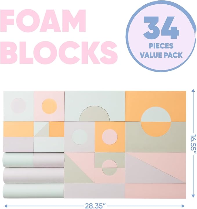 Set of 34 Jumbo Large Foam Blocks for Toddlers - Stacking Soft Blocks for Kids with Shapes & Colors Learning - Construction Building Preschool Toys - Giant Foam Bath Blocks for Toddlers 3-5 & above