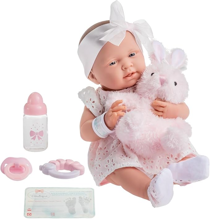 JC Toys La Newborn All-Vinyl-Anatomically Correct Real Girl 15" Doll in White Eyelet Dress with Fluffy Bunny and Accessories Designed by Berenguer