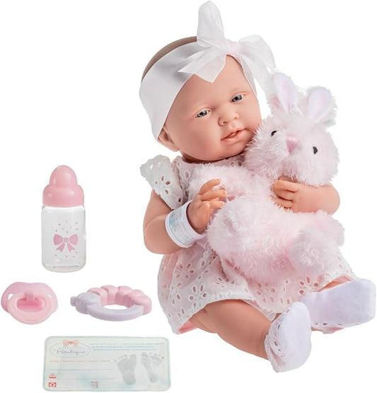 JC Toys La Newborn All-Vinyl-Anatomically Correct Real Girl 15" Doll in White Eyelet Dress with Fluffy Bunny and Accessories Designed by Berenguer