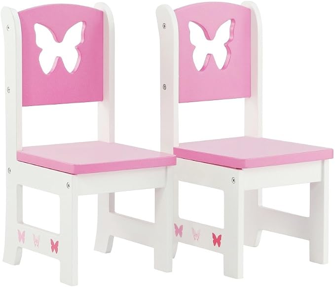 Emily Rose 18 Inch Doll Dining Table and 2 Chairs Set - Pink Butterfly Collection - Compatible with American Girl, Our Generation, My Life As & Adora Dolls - Wooden Dollhouse Furniture