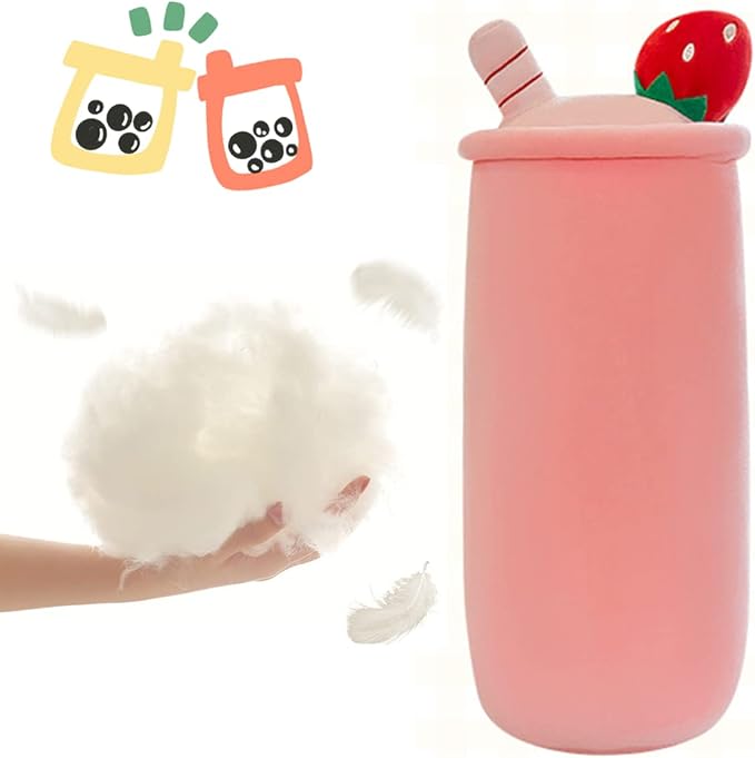 Rexinc Cute Plushies Plush Plushie Long Strawberry Pillow Bubble Tea Stuffed Animal Valentines Gift for Kids Adults Girlfriend(Pink Plush,16 Inch)