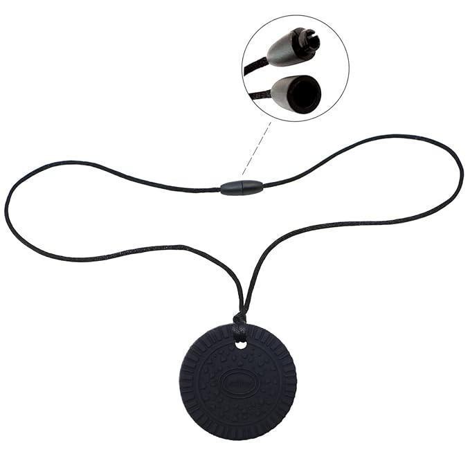 Chew Necklaces for Sensory Kids, Silicone Chewable Pendant for Autism, Chewing, ADHD, SPD, Sensory Oral Motor Aids for Boys and Girls, Chewy Toy for Adults (Black)