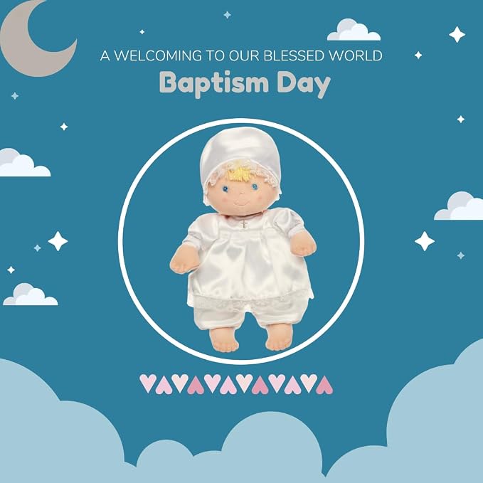 Genius Baby Toys Baptism Gift Baby Doll, Christening Doll in White Satin Dress, 12", Soft Plush, Gift-Ready Packaging, Catholic Baby Toy, Nontoxic, Baby Girls & Boys
