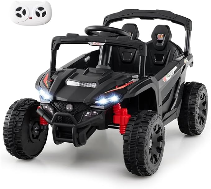 Costzon 12V Kids UTV Ride On Car, Battery Powered Electric Vehicle with Remote Control, 3 Speeds, LED Lights, Music, Horn & Spring Suspension, Off-Road UTV for Boys & Girls 3+ Years Old (Black)