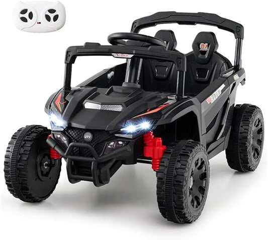 Costzon 12V Kids UTV Ride On Car, Battery Powered Electric Vehicle with Remote Control, 3 Speeds, LED Lights, Music, Horn & Spring Suspension, Off-Road UTV for Boys & Girls 3+ Years Old (Black)
