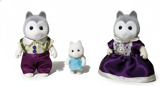 Family Gray Husky Figures — Set of 3 Collectible Flocked Mini Dolls with Removable Clothes, Dollhouse Pretend Play Set for Kids Ages 3+