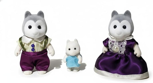 Family Gray Husky Figures — Set of 3 Collectible Flocked Mini Dolls with Removable Clothes, Dollhouse Pretend Play Set for Kids Ages 3+