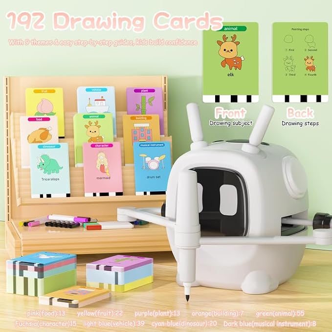 Drawing Robot for Kids with 192 Cards, Smart Robot Drawing Machine Toys for 3+ Year Old Boys and Girls, Interactive Painting Learning and Educational Toy Perfect for Birthday Chirstmas Party, White