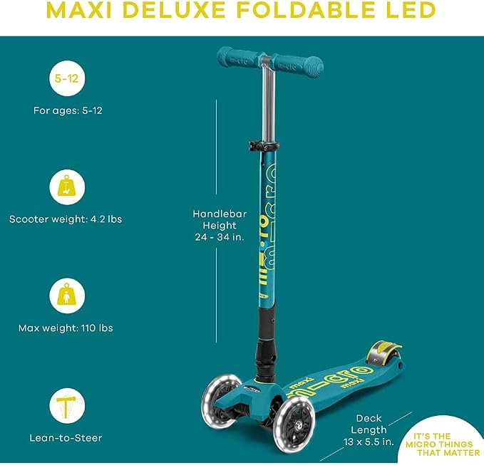 Micro Kickboard | Maxi Foldable LED Kids Scooter for Ages 5-12 | Children up to 110 lbs | 3 Wheel Lean-to-Steer Design | Adjustable T Bar | Smooth Ride, Motion Activated PU LED Wheels | Swiss Design