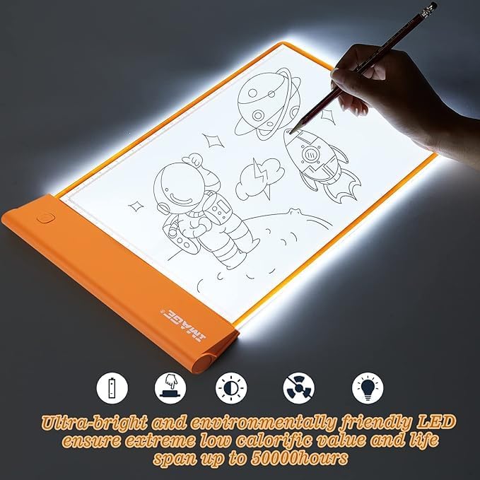 IMAGE Light Up Tracing Pad for Kids Drawing Tablet Board Children Portable Art Christmas Gift for Boys Girls Ages 6+ (Includes 10 Traceable Sheets and Two Clips), Durable & Fun Creative Toy(Orange)