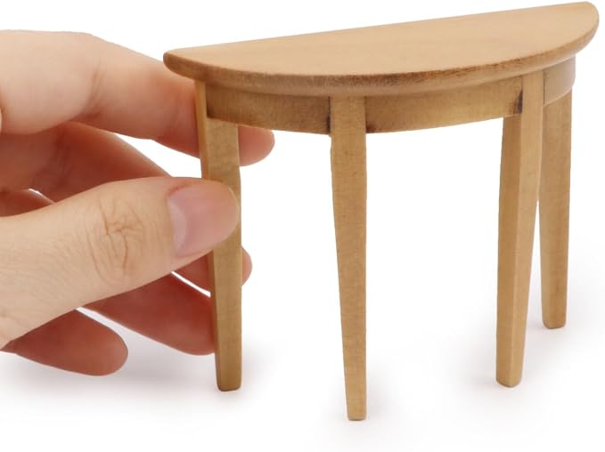 Miniature Half Moon Table Dollhouse Furniture 1/12 Scale for Living Room Bedroom Hallway, Entrance, Small Spaces, DIY Doll House Accessories (Woody)