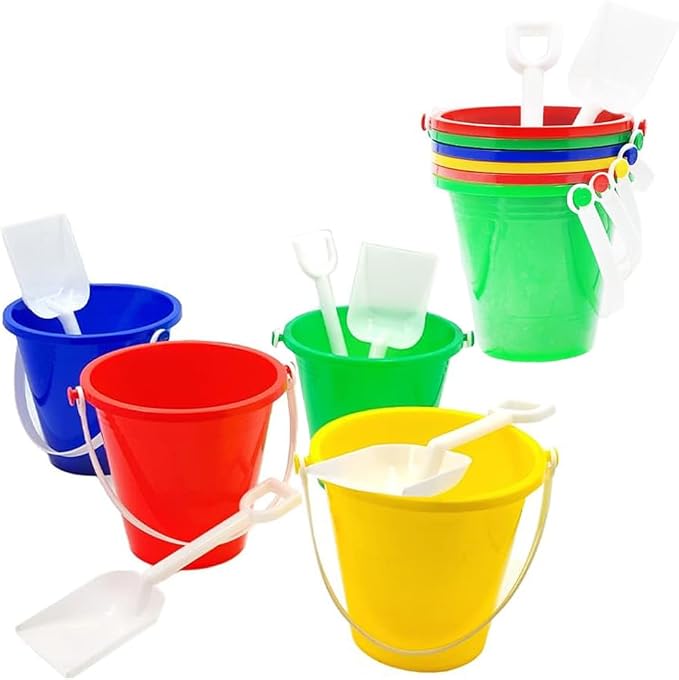 The Dreidel Company 6-Count Beach Day Playsets 5.25" Inch Sand Bucket Play Set Box Includes, Pail & Shovel Sand Toy for Boys and Girls Birthday Party Favor