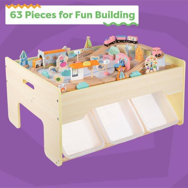 Wooden Train Set with Train Table - 63PC Play Set with Tracks, Vehicles, Buildings and Illustrated Ocean Train Table with Storage by Hey Play (Yellow)