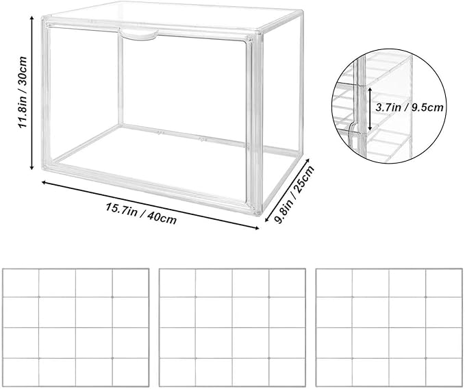 BOHOIDEE 4 Tiers Clear Acrylic Display Case for Closet, Purse Storage Organizers Box, Plastic Storage Bins with 3 Adjustable Divider and Magnetic Door