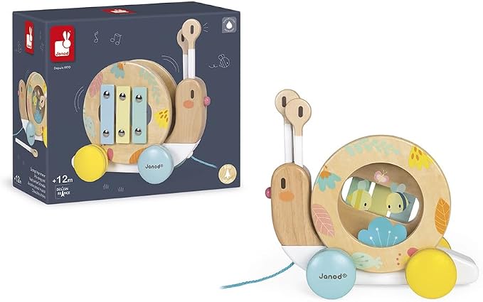 Janod Pure Pull Along Snail - Wooden 2-in1 Musical Toy - Ages 1+ - J05159