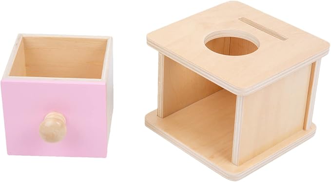 Adena Montessori Coin Box, 2 in 1 Object Permanence Box with Ball and Wooden Discs, Developmental Toys for 6-12 Month Infants, Learning Gifts for 1 Year Old Baby (Pink Door)