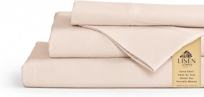 Linen Home 100% Cotton Percale Sheets Twin XL Size, Sand Shell, Deep Pocket, 3 Pieces Set- 1 Flat, 1 Fitted and 1 Pillowcase, Crisp Cool and Long Staple Strong Bed Linen