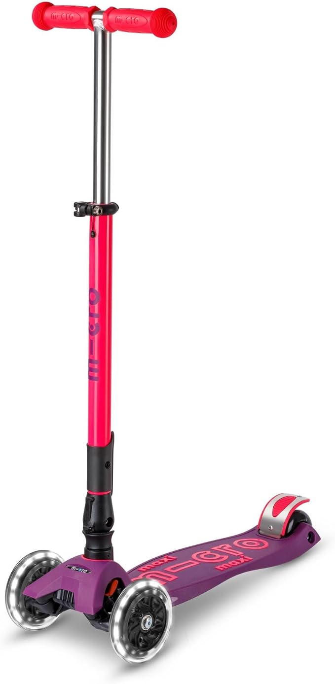 Micro Kickboard | Maxi Foldable LED Kids Scooter for Ages 5-12 | Children up to 110 lbs | 3 Wheel Lean-to-Steer Design | Adjustable T Bar | Smooth Ride, Motion Activated PU LED Wheels | Swiss Design