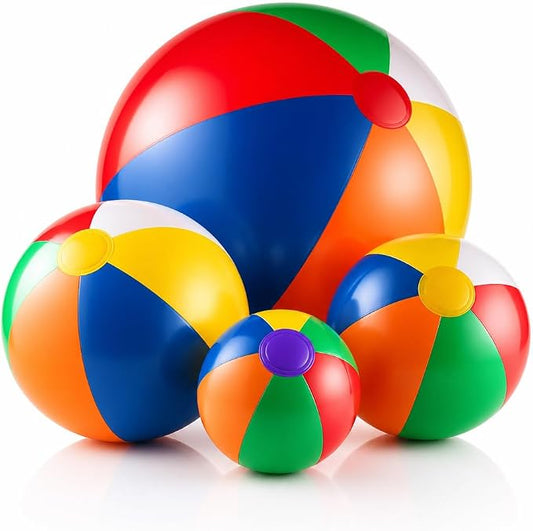 4-pcs Assorted Sizes Inflatable Beach Balls - Small & Large Rainbow Beach Balls For Kids In 6", 12", 16", 24" Sizes - Colorful Blow Up Pool Toys For Beach Games, Summer Party Decoration & Outdoor Fun