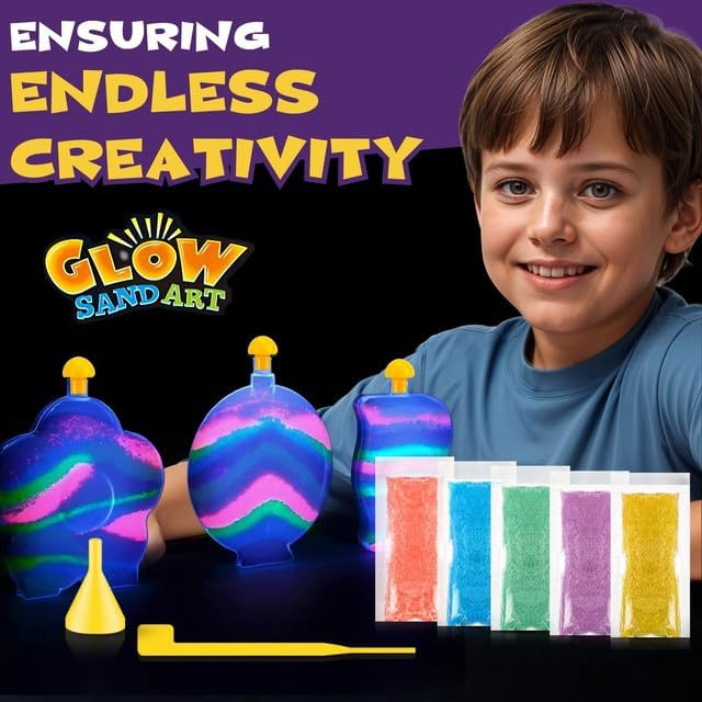 Create Your Own Magic Sand Art Glitter Activity | Glow in the Dark Colored Custom Sand Kits for Kids - Includes 12 Bottles, Funnels, Sticks, 60 Bags of Colorful Sand | DIY Arts and Crafts (24 Pack)
