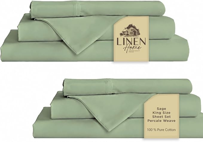 Linen Home 2-Pack King Sheet Set, 100% Cotton Percale Bedding, 8-Piece Value Bundle, Deep Pocket Cooling Bed Sheets for Hot Sleepers, Breathable & Crisp Hotel Quality, Long-Staple Cotton, Sage