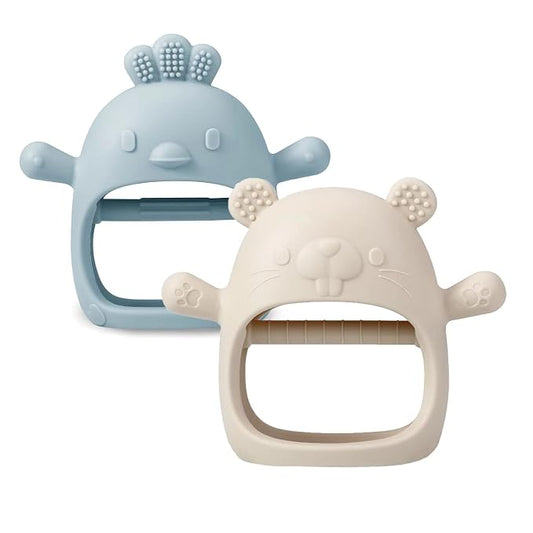 PandaEar 2 Pack Silicone Teething Toys | Baby Teether Mitten & Hand Pacifier for Soothing Teething Pain Relief (White/Blue)