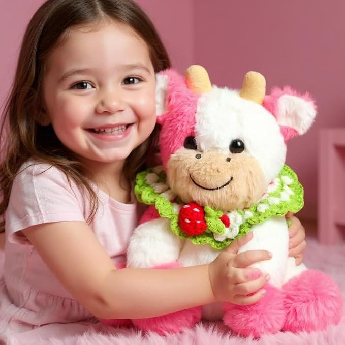 Hopearl Adorable Plush Cow Toy with Knitted Cute Strawberry Bib Floppy Dairy Cattle Soft Stuffed Animal Kawaii Gift for Boys Girls Kids Toddlers, Pink, 9''