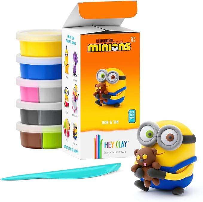 HEY CLAY Minions - Colorful Modeling Air Dry Clay for Kids - Air Dry Clay Kit 5 Cans and Sculpting Tools with Fun Interactive Instructions App - Age 3 and up (Bob & Tim)