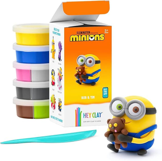 HEY CLAY Minions - Colorful Modeling Air Dry Clay for Kids - Air Dry Clay Kit 5 Cans and Sculpting Tools with Fun Interactive Instructions App - Age 3 and up (Bob & Tim)