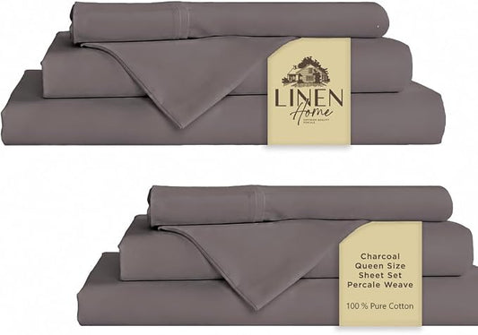 Linen Home 2-Pack Queen Sheet Set, 100% Cotton Percale Bedding, 8-Piece Value Bundle, Deep Pocket Cooling Bed Sheets for Hot Sleepers, Breathable & Crisp Hotel Quality, Long-Staple Cotton, Charcoal