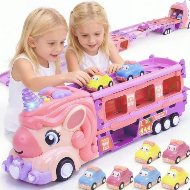 Girls Toy Cars Set Unicorn Toys Truck - 8 Princess Cars Set & 2-Player Fold Out Track with Light & Sound - Monster Catapult Race Tracks Best Birthday Gifts for Age 3 Year Old Toddler Kids 3-5
