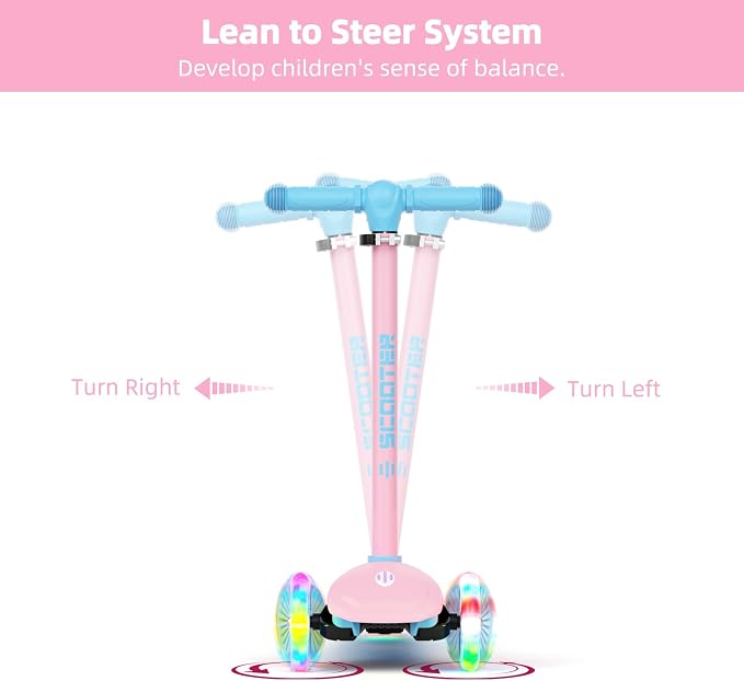 XJD Toddler Scooters for Kids 3-8, 3 Wheel Scooters for Kids 110lbs, LED Light-Up Wheels and Side, 3 Adjustable Height, Lean-to-Steer, Birthday Gift Toy for 3-8 Year Old Girl Boy