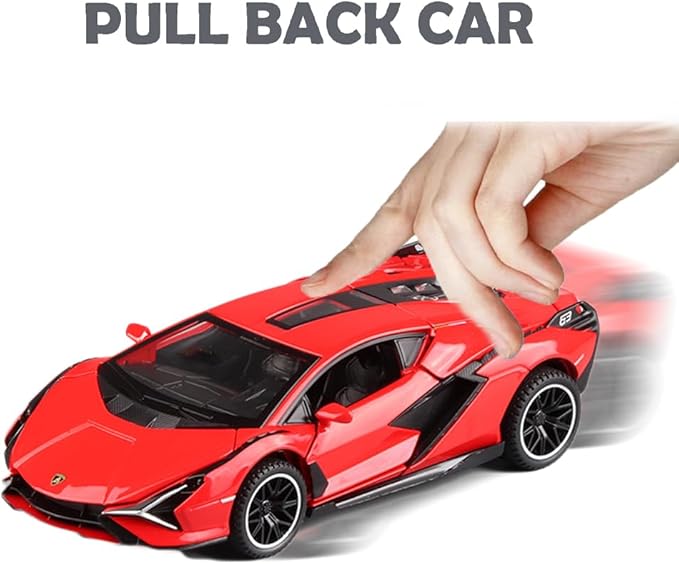 Lambo Toy Car Sian FKP3 Die-Cast Car Model with Lights and Sound Pull Back Toy Car for Boys Age 3 4 5 6 + Year Old (Red)