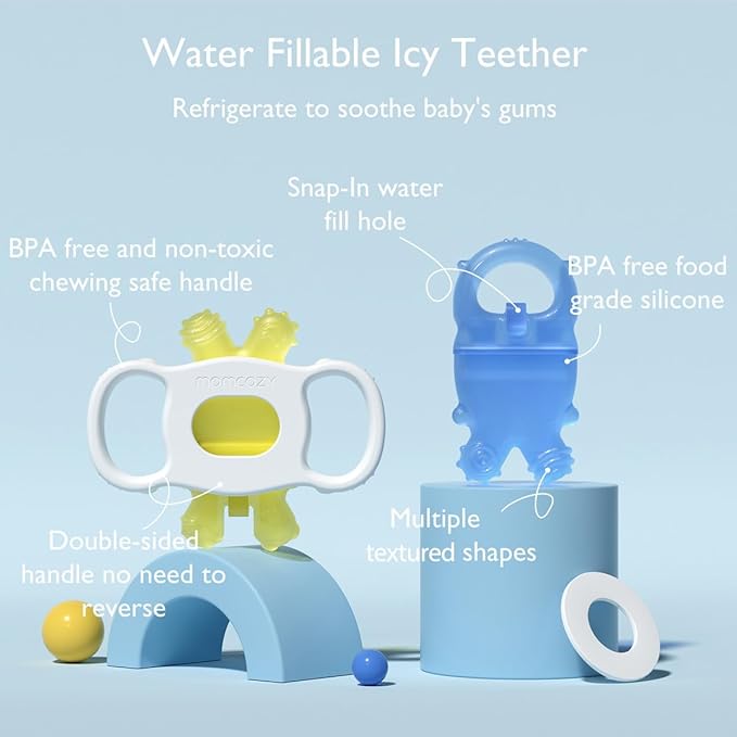 Momcozy Baby Teether Toys | Food Grade Silicone Teething Relief 0-6 Months | Toy 6-12 Months | Baby Essential | Yellow and Blue