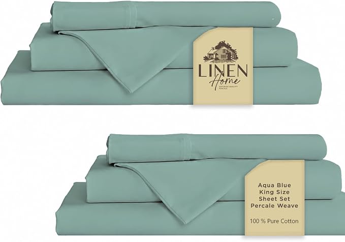 Linen Home 2-Pack King Sheet Set, 100% Cotton Percale Bedding, 8-Piece Value Bundle, Deep Pocket Cooling Bed Sheets for Hot Sleepers, Breathable & Crisp Hotel Quality, Long-Staple Cotton, Aqua Blue