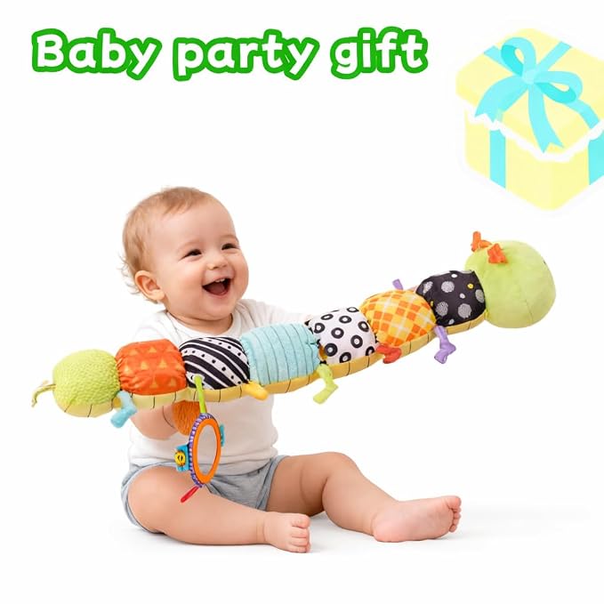 2026 Soft Plush Caterpillar Baby Musical Toy for 0-12 Months Newborn Tummy Time Training, Infant Sensory Stuffed Doll with Rattle, Crinkle Paper & Mirror, Unisex Baby Shower Gift for Boys Girls