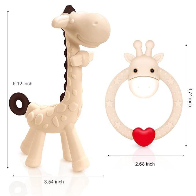 SHARE&CARE Silicone Giraffe Baby Teether Toy with Storage Case, for 3 Months Above Infant Sore Gums Pain Relief, Baby Teething Toys, Women Gift for Mom, Wife, Her (Cream)