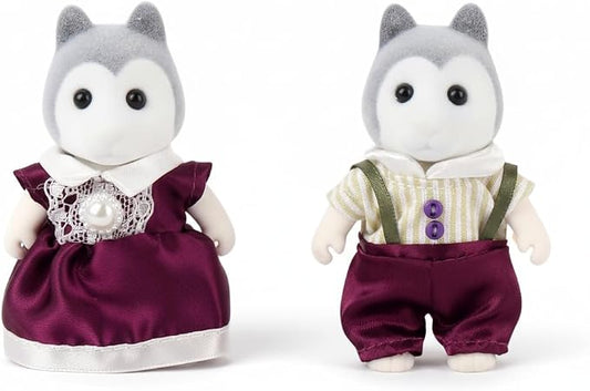 Family Gray Husky Figures — Set of 2 Collectible Flocked Mini Dolls with Removable Clothes, Dollhouse Pretend Play Set for Kids Ages 3+