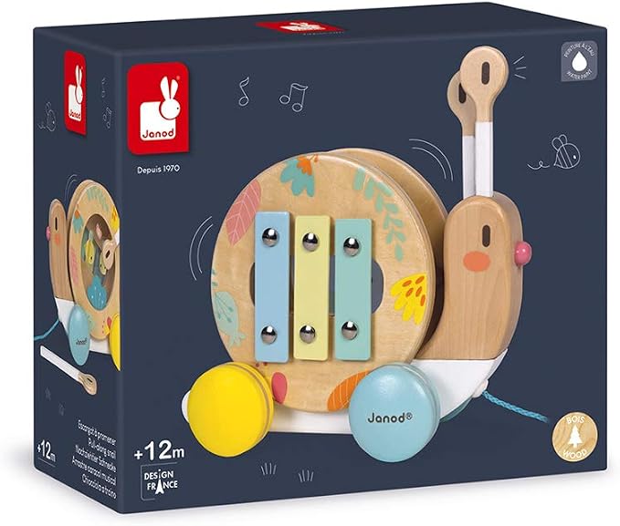 Janod Pure Pull Along Snail - Wooden 2-in1 Musical Toy - Ages 1+ - J05159