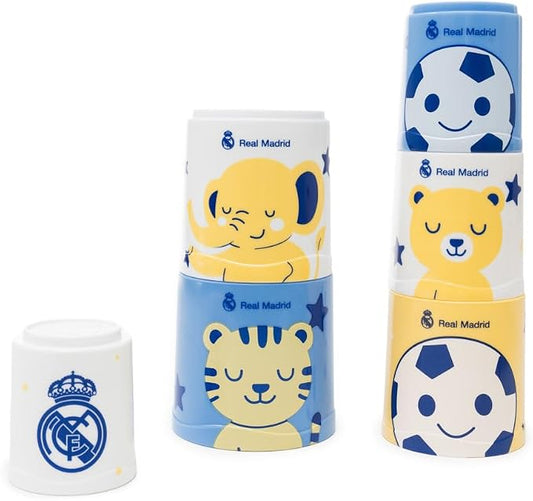Miniland Real Madrid Sorting & Stacking Toys, Montessori for 1 Year Old, +2 Year Old Boy, 6 Pieces, Kids Cups, Baby Toys 1 Year Old, Shape Sorter | RM Offical License