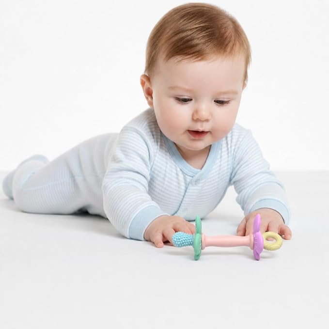 Silicone Teether Tube Stick for Babies – Textured Teething Toy with Grip Handle, Reaches Front Gums & Back Molars, BPA-Free, Easy to Hold - Pastel (Blue, Peach, Purple)